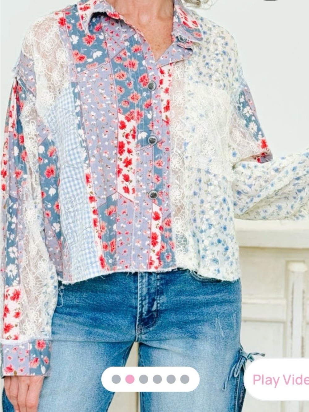 POL Patchwork Floral Button-Front Shirt in Blue, White & Red